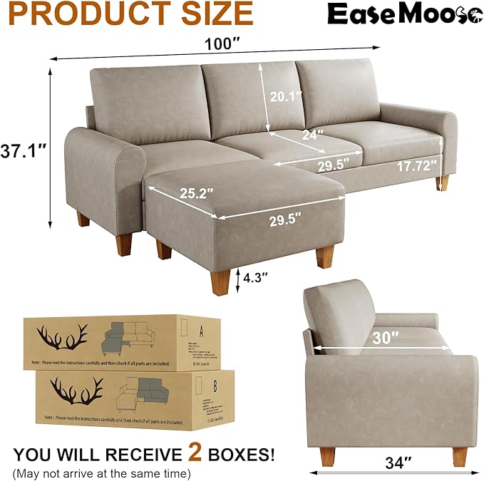 EASE MOOSE Large Seat Faux Leather L Shaped Sofa, Waterproof and