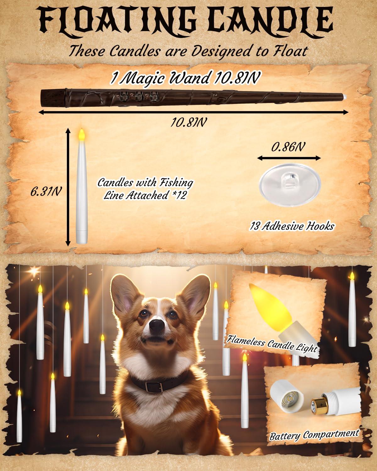 pmgro 12pcs Flameless Taper Candles with Remote, Dimmer, 3D Battery Operated Window Taper Candle with Flickering Light, 6.3IN Floating Hanging Candles with Wand, Christmas Decor for Home Wedding
