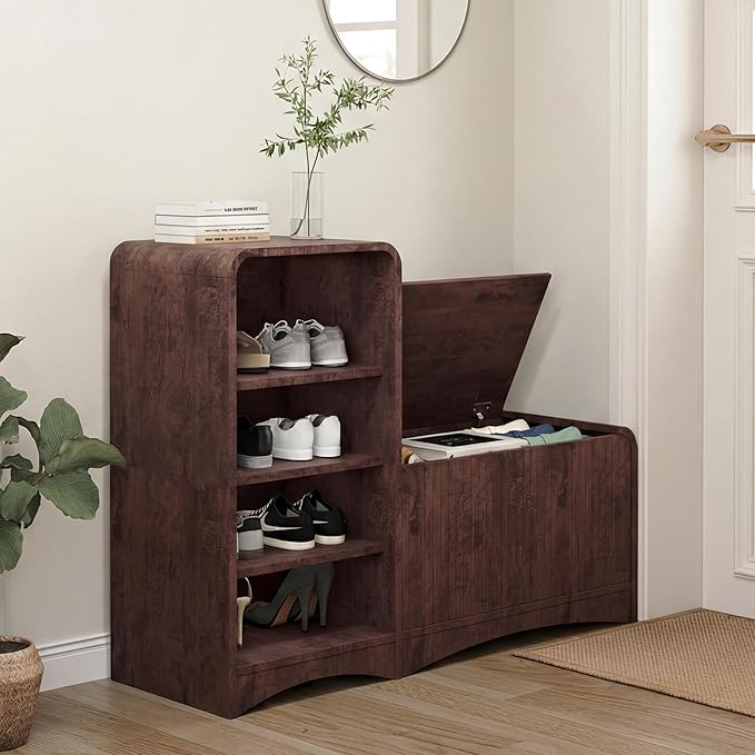 Shoe Cabinet with Bench, L-Shaped Shoe Storage Cabinet, Wood Tall Shoe Rack
