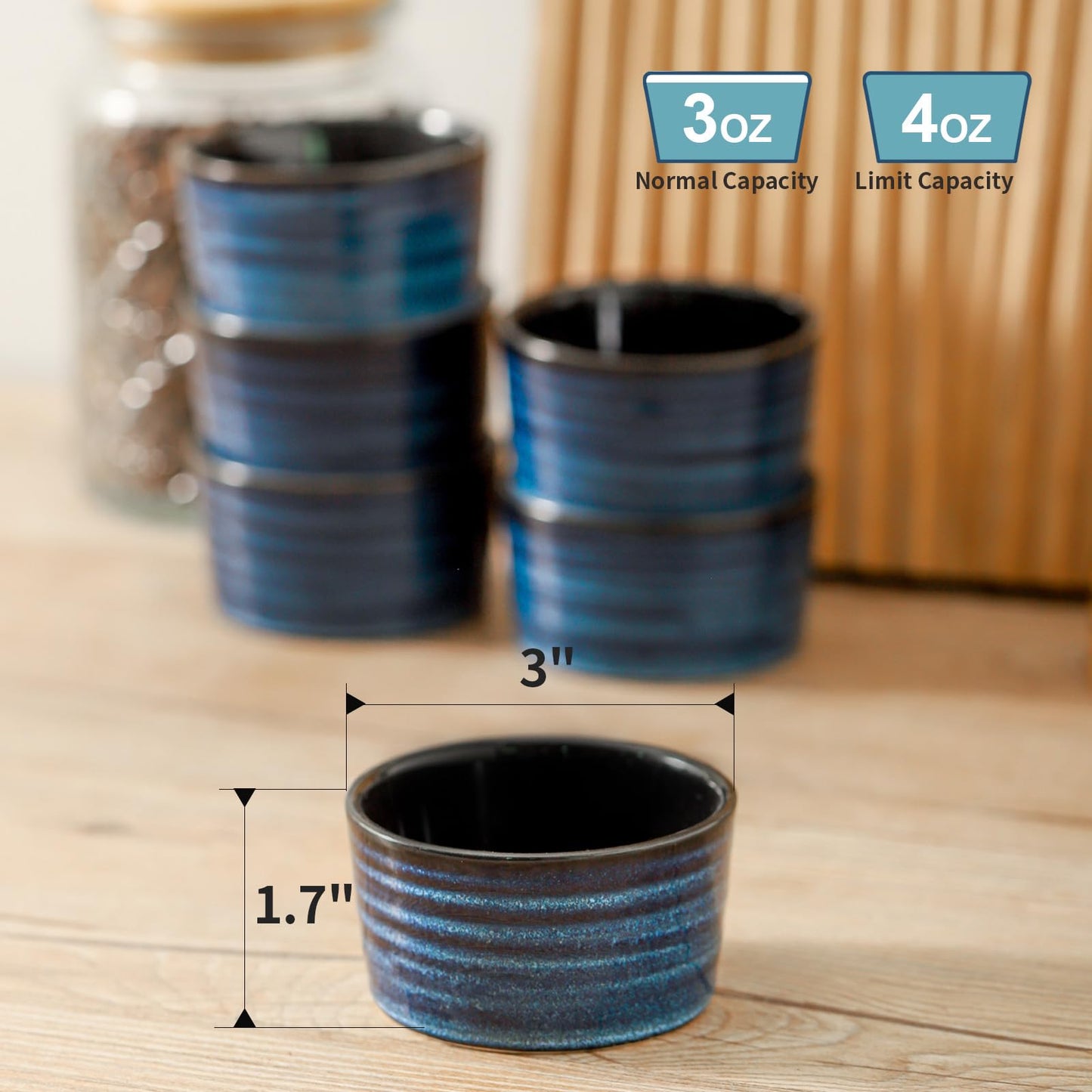 Hasense 4 oz Ramekins Oven Safe,Ceramic Creme Brulee Dish for Baking Set of 6,Porcelain Dipping Sauce Bowls for Pudding, Souffle,Serving Dip,Custard,Ice Cream(Blue)