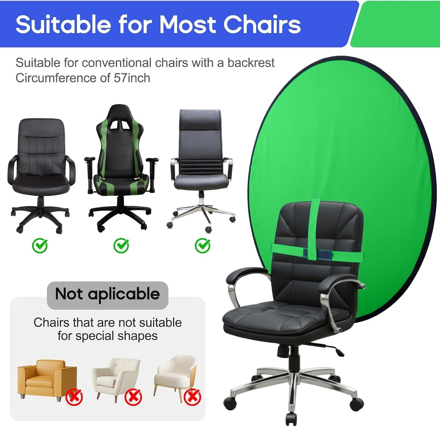 Portable Green Screen Chair, 57 in Greenscreen Backdrop with Stand Double Sided Foldable Green Background, Chroma Key, for Photography Streaming Gaming Photo Zoom Video Chats and Meeting
