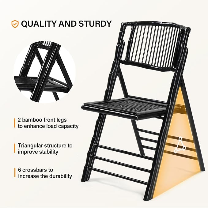 VINGLI Bamboo Folding Chair, Foldable Dining Wood Chairs Comfortable Seat