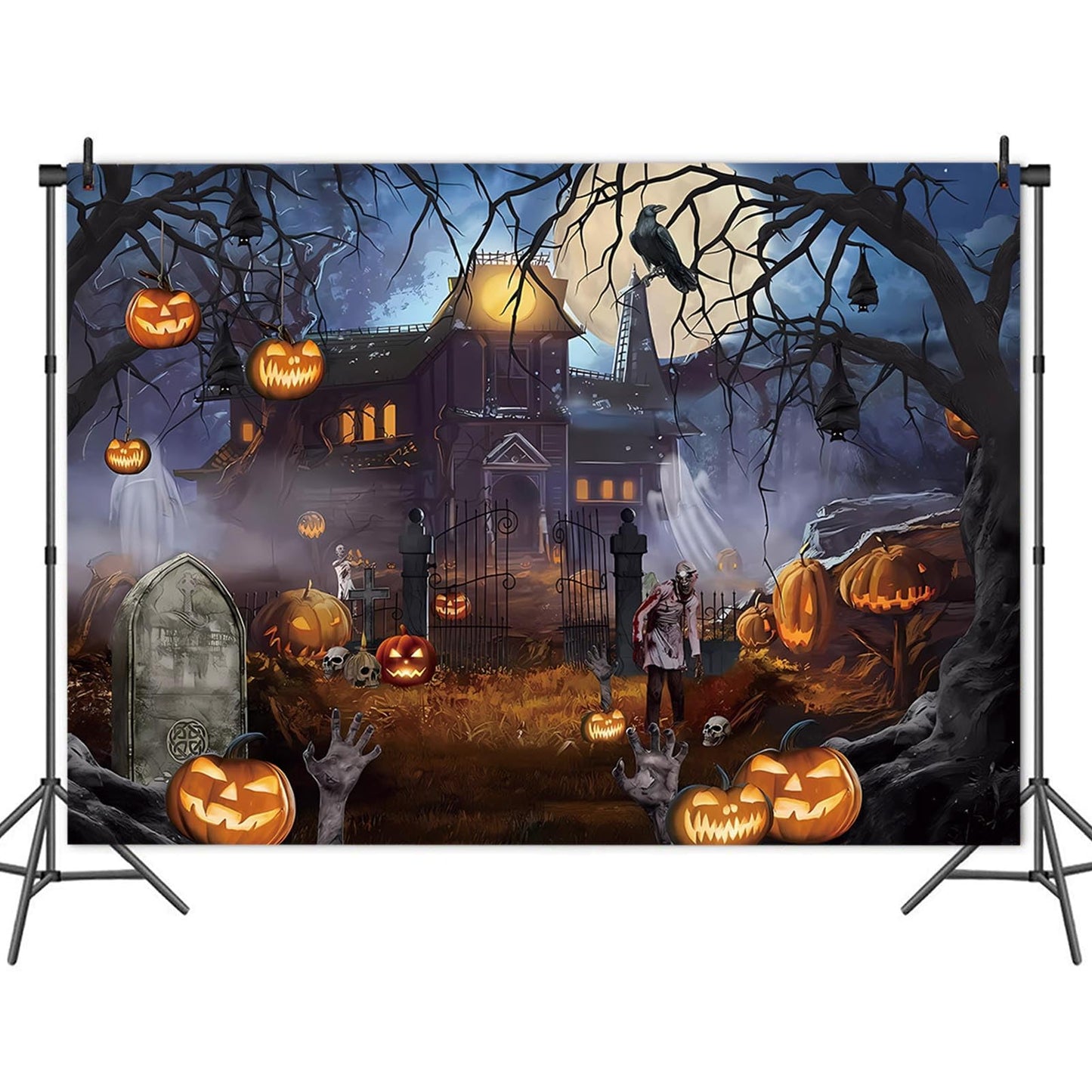 Halloween Theme Backdrop 8x6ft for Photography Scary Ghost Castle Moon Night Scary Pumpkin Lantern Crow Photo Background for Horror Halloween Party Portraits Decor Banner
