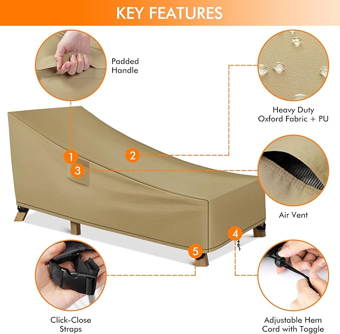 WLEAFJ Patio Chaise Lounge Cover Waterproof, Heavy Duty Outdoor Lounge Chair