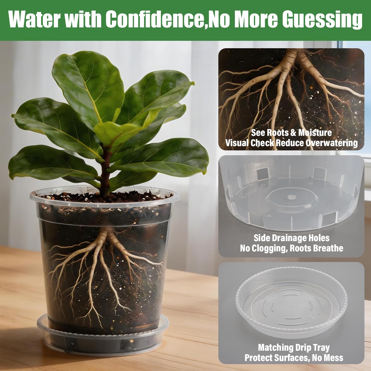 BTPLASTIK 1/2/3/5 Gallon Clear Nursery Pots with Saucers 4 Size Set 12P, Round Plastic Plant Pots with Drainage Holes
