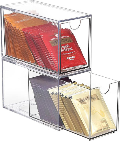 ELLDOO 2 Drawers Tea Bag Organizer, Clear Acrylic Stackable Tea Bag Storage Holder for Kitchen Pantry, Coffee Pod Snack Storage for Countertop Cabinet