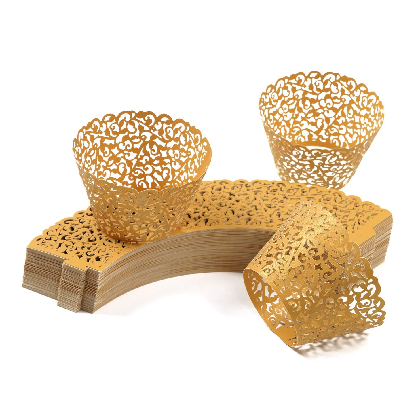 KPOSIYA Pack of 120 Cupcake Wrappers Artistic Bake Cake Paper Cups Vine Designed Laser Cut Cupcake Wraps Baking Cup Muffin Case Trays for Wedding Baby Shower Party Birthday Decoration (120, Gold)