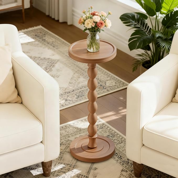 Solid Wood Drink Table, Rubber Wood‌ Small Round Side Table