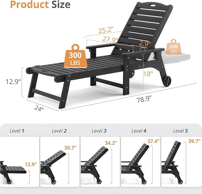 LUE BONA Lounge Chair Outdoor, HDPS Chaise Lounge Outdoor