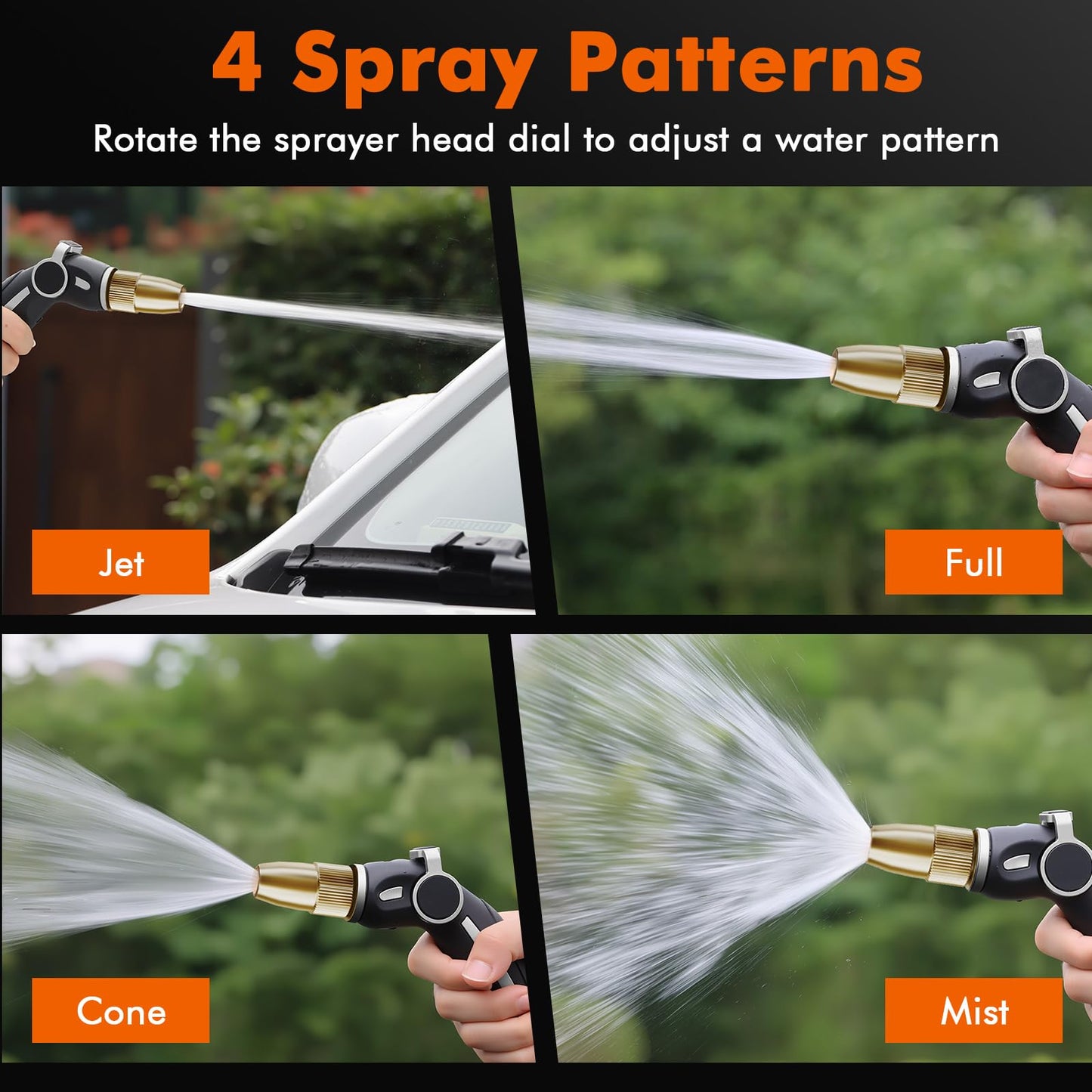 RESTMO High Pressure Hose Nozzle Sprayer, Heavy Duty Brass Head, Metal Water Hose Nozzle for Car Washing, Garden Cleaning, Lawn and Plant Watering, 4 Spray Patterns, Silver