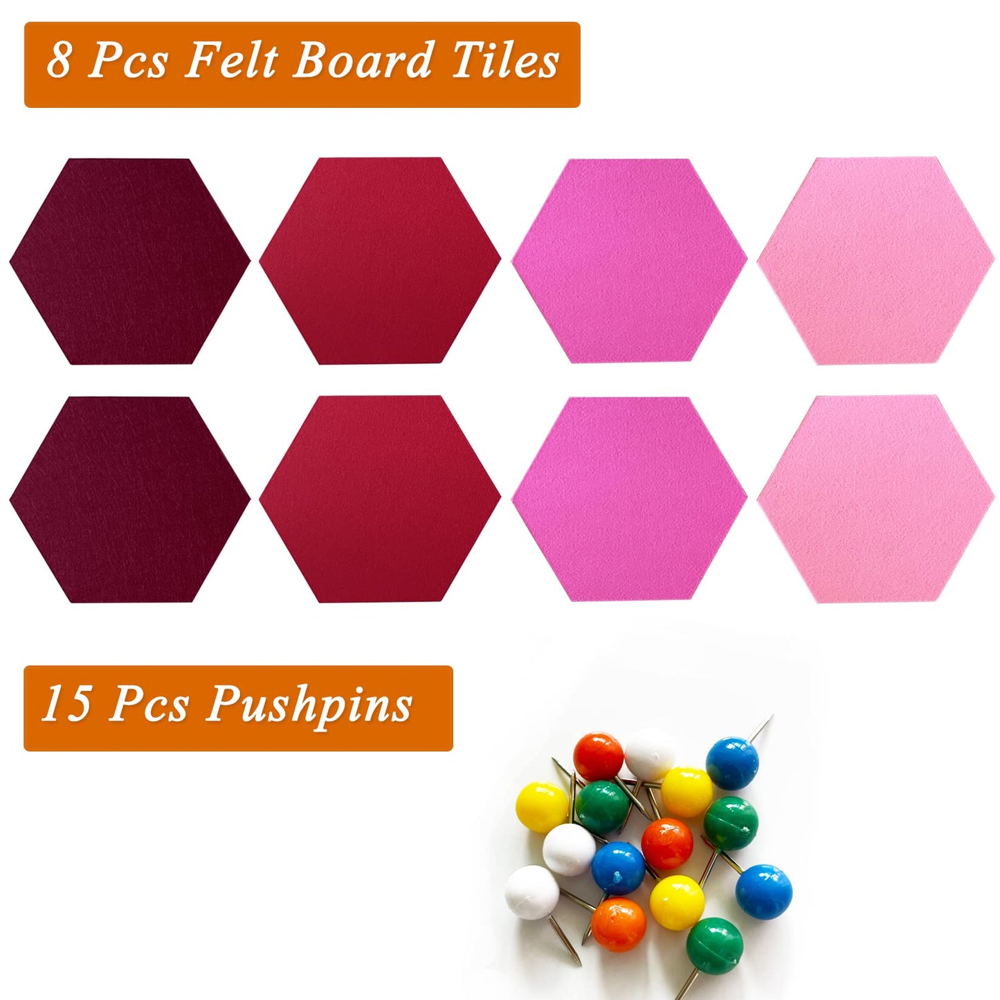 HULAVO 8Pcs Hexagon Felt Cork Board Tiles, Self Adhesive DIY Bulletin Board Pin Board for Office School Home Wall Decor Stickers Memos Photos Display (Gradual Red)