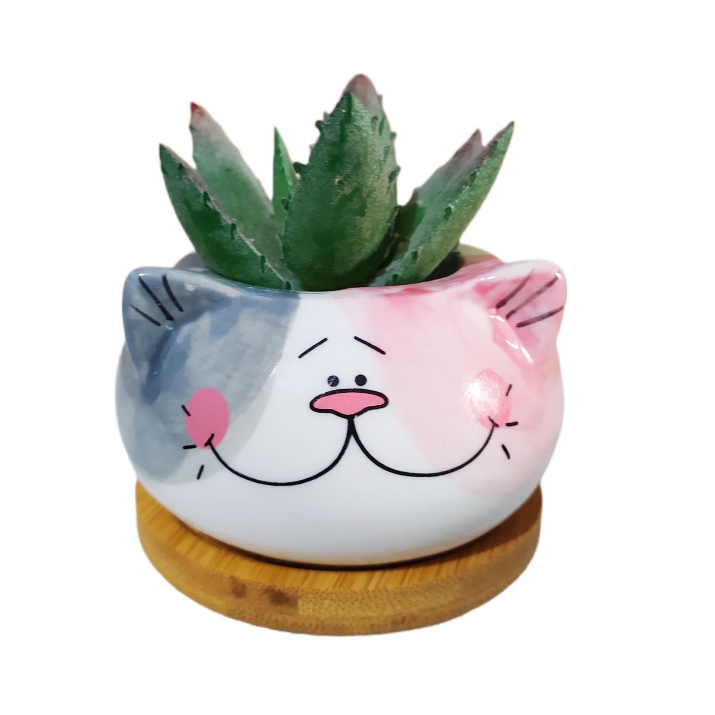 Cuteforyou Cute 3.5 Inches Indoor Cartoon Animal Cat Shaped Ceramic Succulent Cactus Flower Plant Pots with Bamboo Tray-Plant Not Included (6 Corlors)