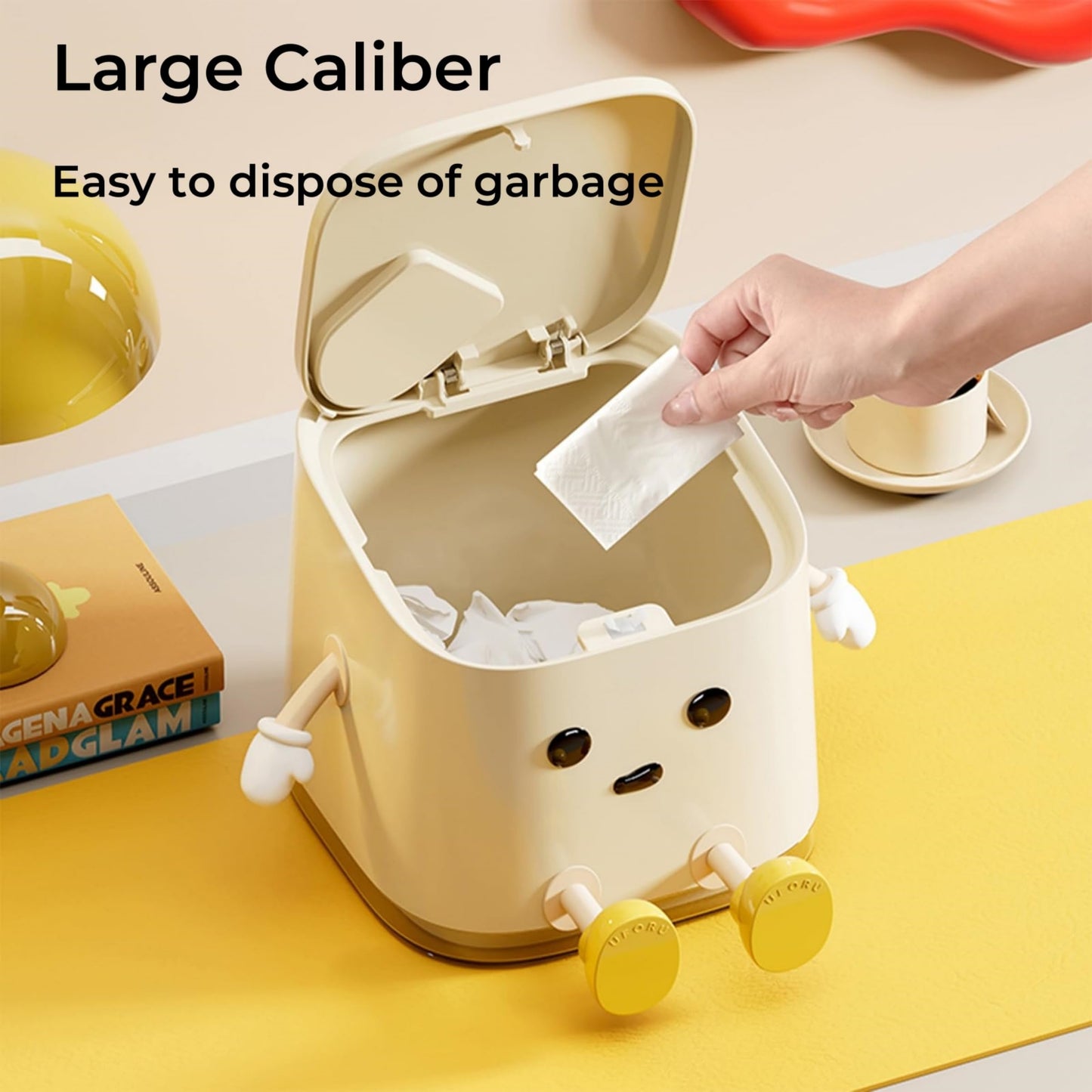 AIWE7D Desktop Mini Trash Can with Lid and Brush, Small Desktop Trash Can for Desk, Bathroom, Bedroom, Kitchen, Car, Office Square Waste Basket Small Garbage Can Hidden Bag Garbage Bin(Sitting)