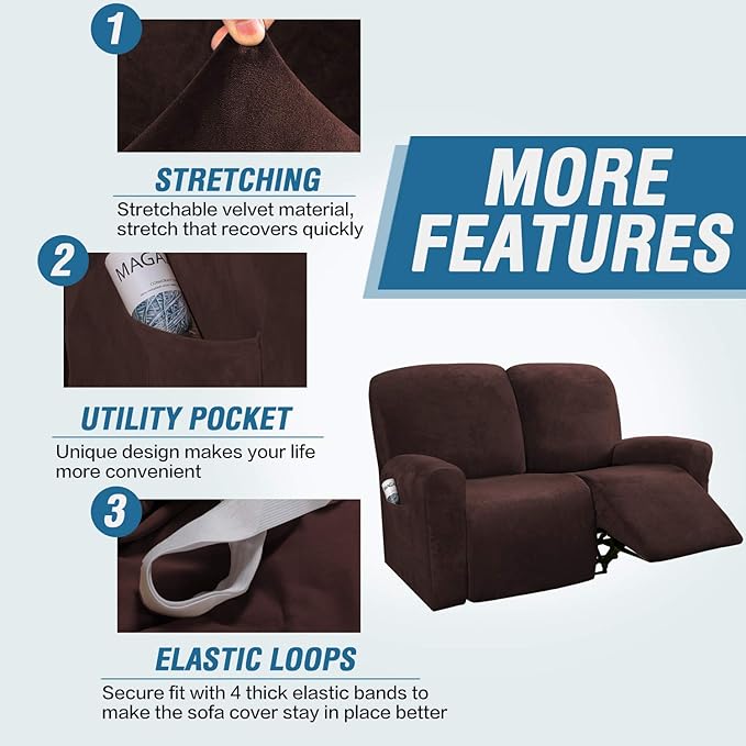 H.VERSAILTEX Velvet Stretch Recliner Couch Covers 6-Pieces Recliner Loveseat