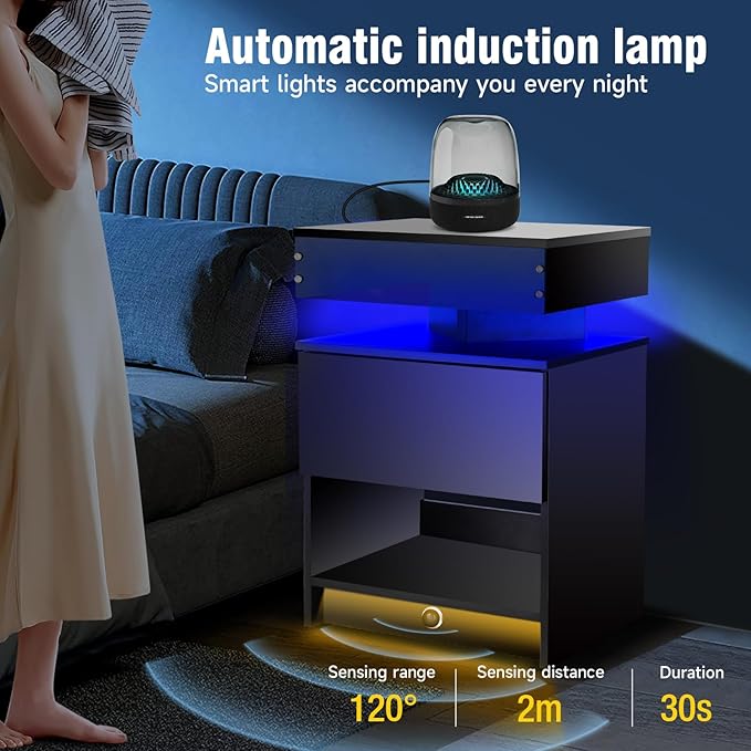 Nightstand with Induction Light & Side Charging Station, Modern Bedside Table