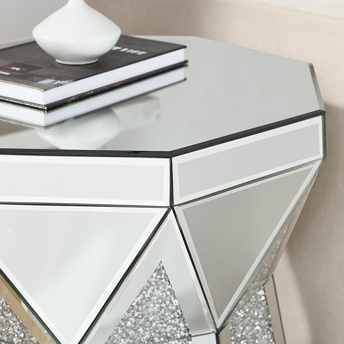 Drum End Table with Mirror Crystal, Modern Design Luxury Furniture, 20 inch
