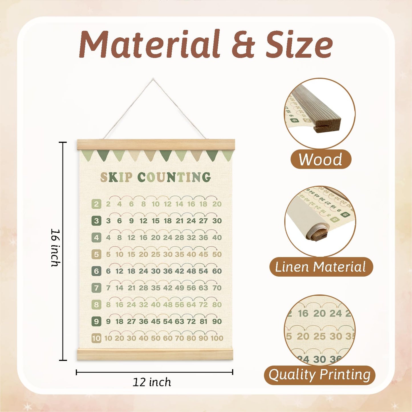 Lacama Multiplication Chart Homeschool Organization Math Posters, Sage Green Skip Counting Chart Educational Math Wooden Poster Hanger, Times Table Charts For Homeschool Grade School Classroom Posters Wood Hanger