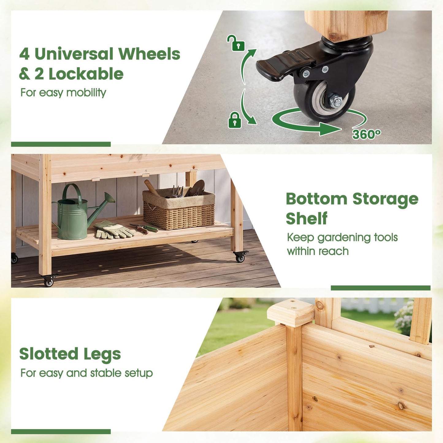 Giantex 65'' Wooden Raised Garden Bed w/Trellis on Wheels, Mobile Elevated Planter Box w/Legs, Liner & Drainage Holes for Climbing Plant Vegetable Herb Flower, Outdoor Garden Box, Backyard Balcony