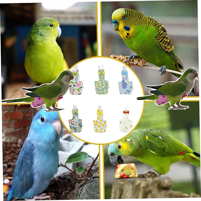 6-Piece Bird Diaper Set for Parrots, Reusable Protective Flight Suits with Waterproof Inner Layer, Washable Urine Wet Suit for Cockatiel, Parakeet, Budgie, and Small Birds(S)