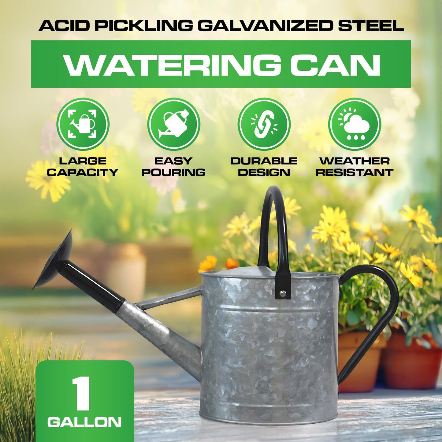 Plexon Metal Watering Can Outdoor 1 Gallon, Flower Plant Gardening Garden Large Galvanized Watering Can Pot Pitcher, Steel Black Handles and Removable Spray Spout