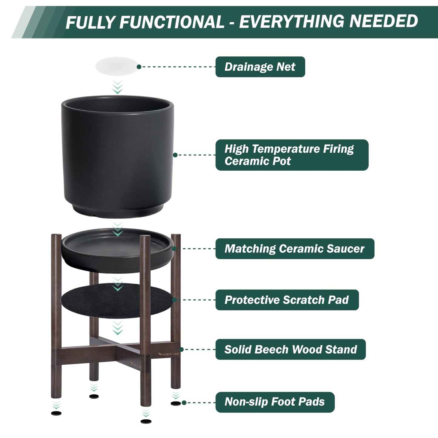 D'vine Dev Ceramic Planter with Walnut Color Stand - 10 Inch Modern Round Flower Pot with Wood Planter Holder, Black, 55-B-X-2