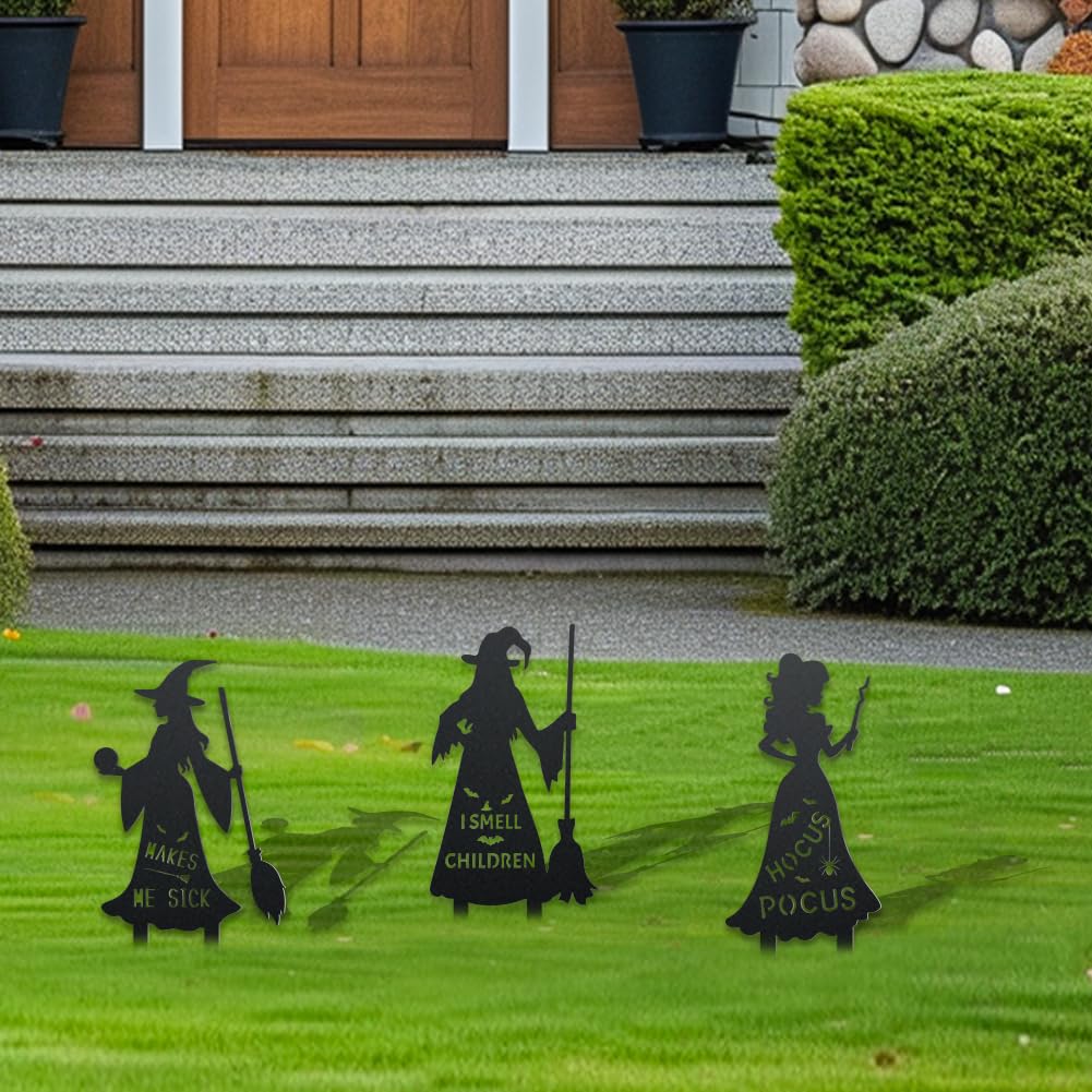 WADORN 3Pcs Halloween Witches Metal Decorative Garden Stakes, Metal Halloween Silhouette Yard Signs Hocus Pocus Garden Scary Ornament Sign for Garden Outdoor Backyard Patio Lawn Holiday Party Decor