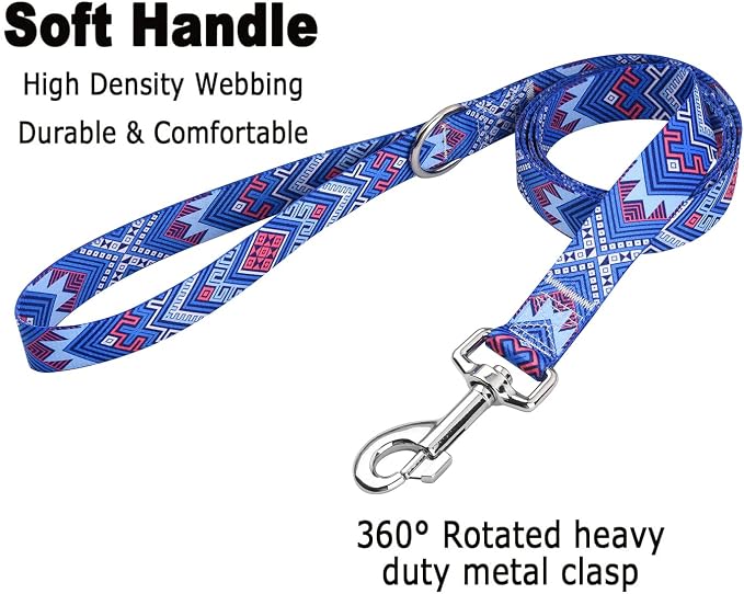 MarukoPet Dog Collar and Leash Set, Adjustable for Small Medium Large Dogs Puppy, Cute Design with Bohemia Floral Tribal Geometric Patterns Boys Girls Dog Collar(Blue Ethnic Style Set,L)