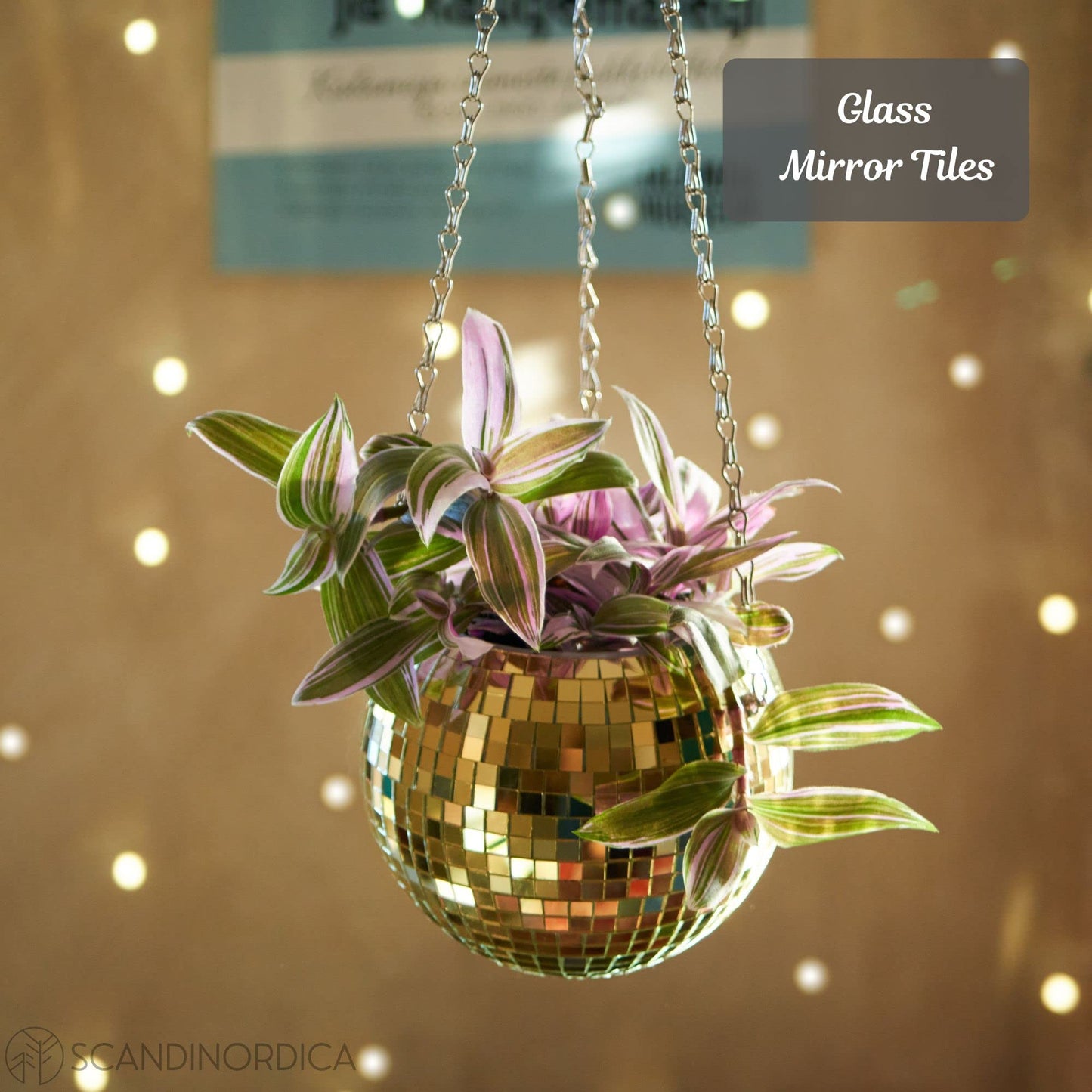 SCANDINORDICA Disco Ball Planter 6" Gold with Chain and Macrame Hanger and Disco Ball Planter Pot 4.3" with Saucer (0.3x0.3 mirror tiles)