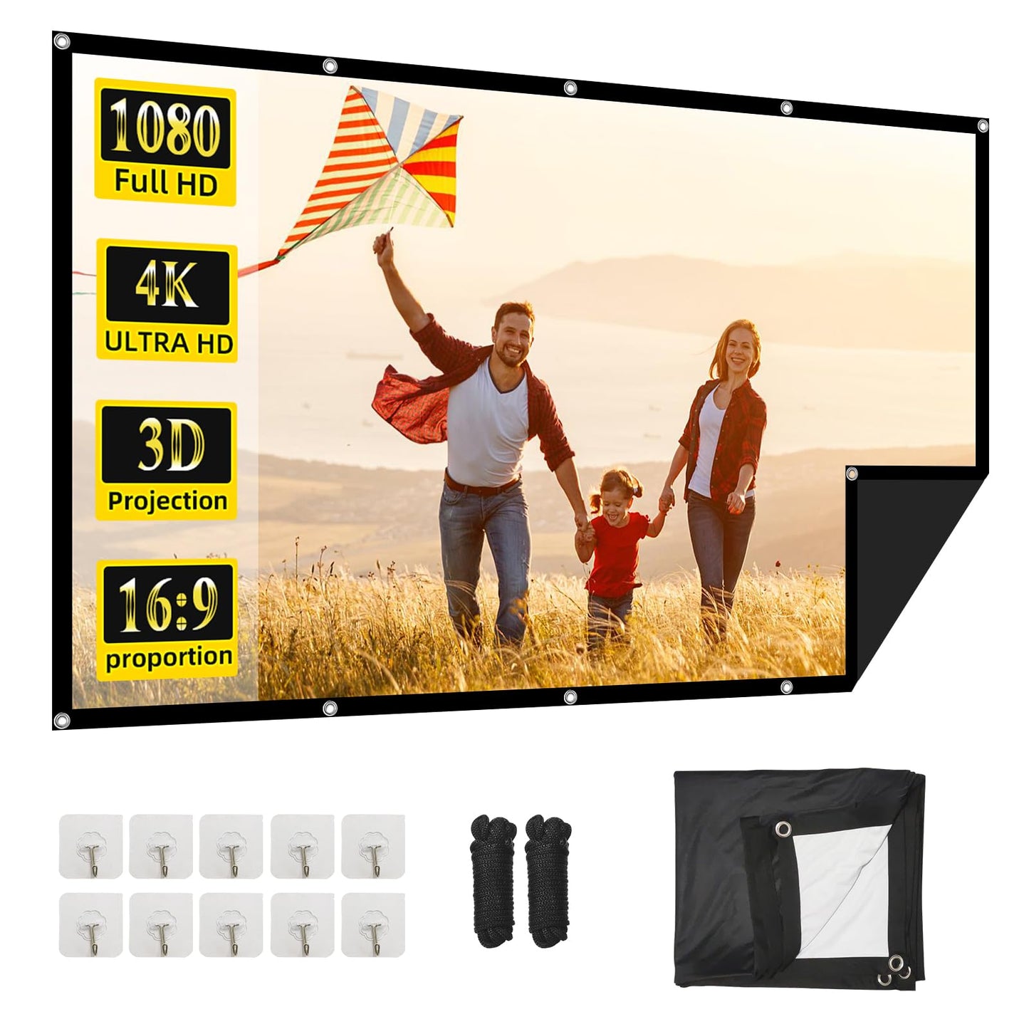 Projector Screen, Outdoor Projector Screen, Washable & Foldable - Ideal for Indoor/Outdoor Home Theater, Camping, Office, 16:9 Aspect Ratio, 4K HD, Projector for Movies On Wall