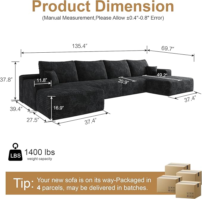 136" Sectional Couches for Living Room Cloud Couch Sofa