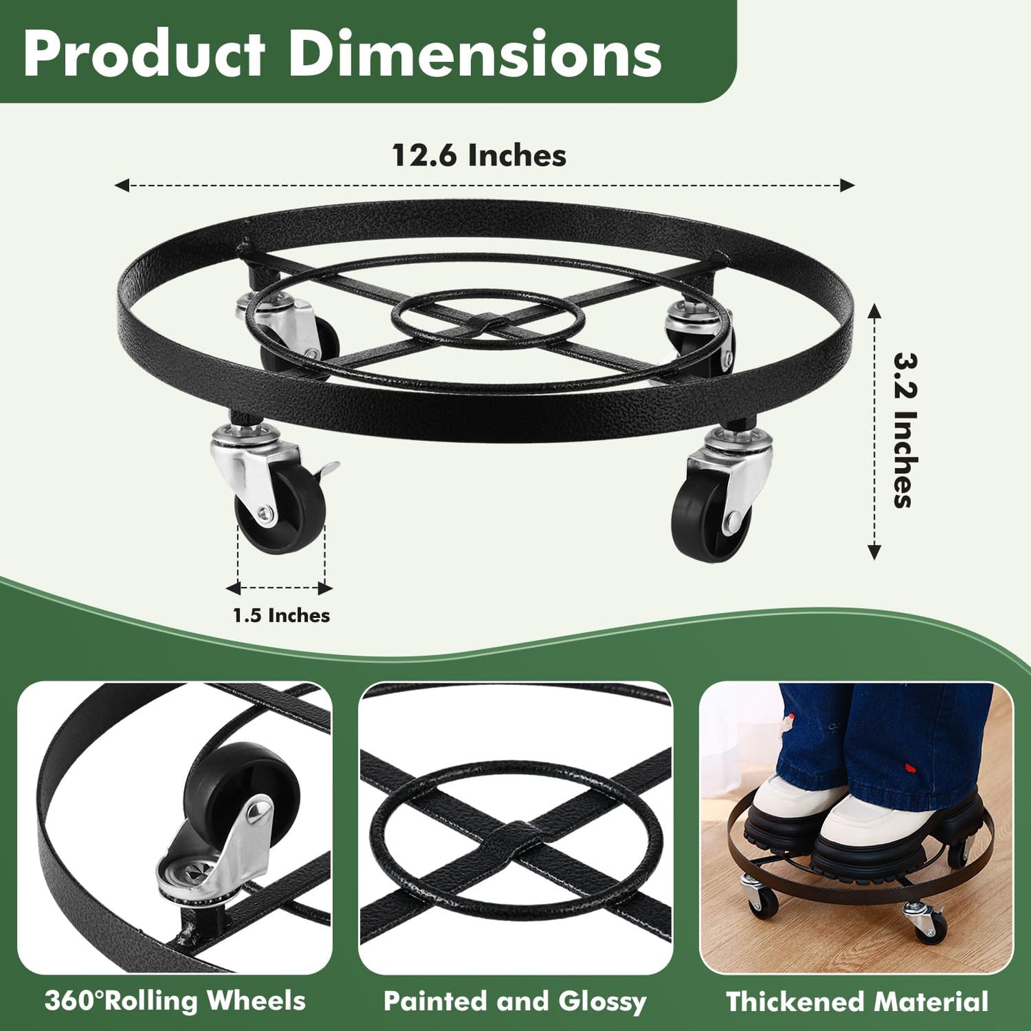 3 Packs Large Metal Plant Caddy 12.6” Plant Dolly with Wheels Heavy-duty Wrought Iron Rolling Wheeled Plant Stand with Casters for Indoor and Outdoor Plant Pot Rollers, 12" Clear Plant Saucers Included