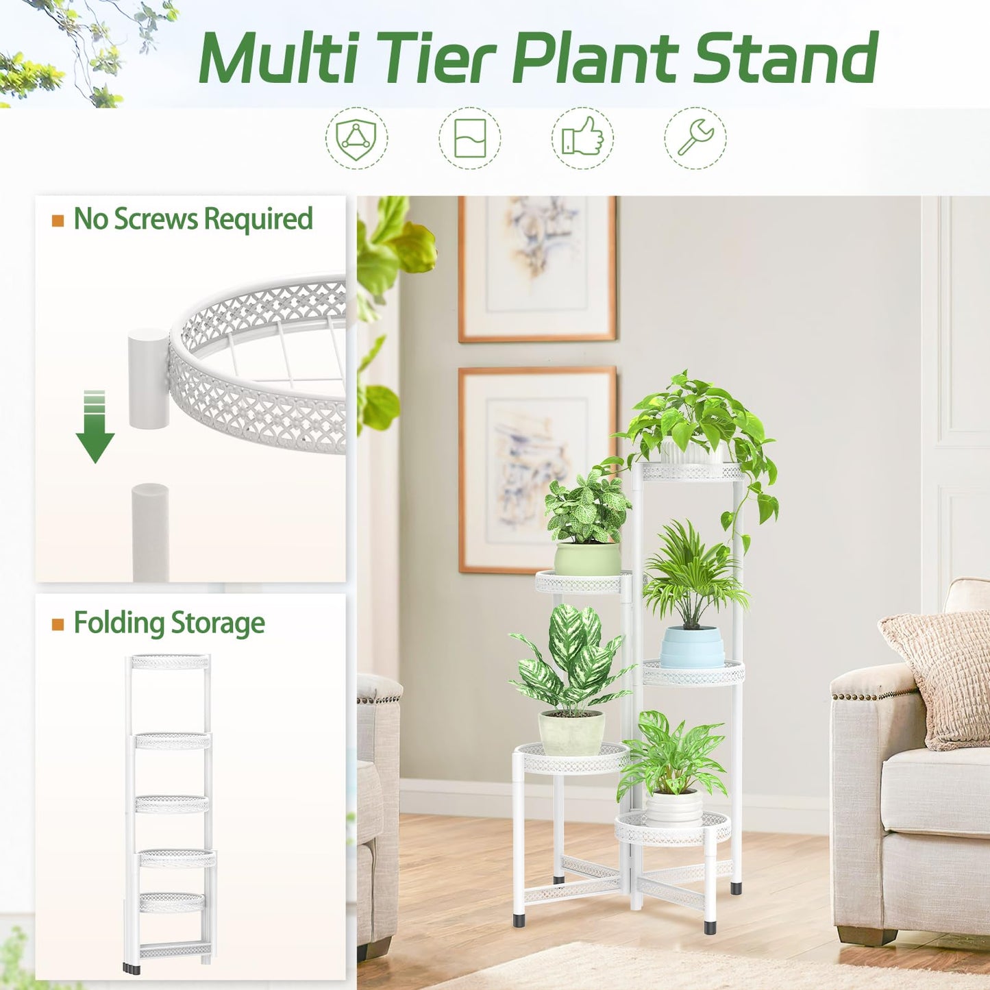 iDavosic.ly Plant Stand Indoor Outdoor, 5 Tier Corner Metal Flower Display Holder Shelf, Folding Tall Orchid Rack for Patio Balcony Porch Garden Living Room House, Wrought Iron - White
