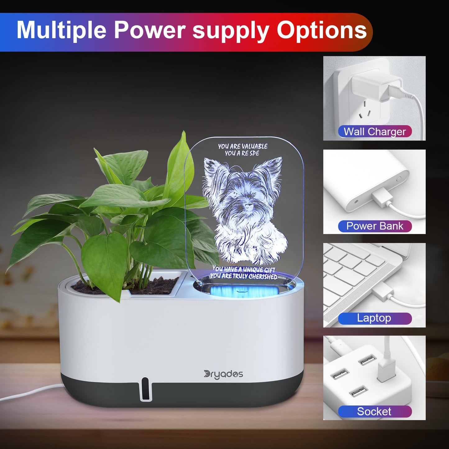 DRYADES Self-Watering Plant Pot with LED Note Board & 7 Colors Pen, Led Acrylic Message Board with Plant Pot,Dog Board Night Light with Planting Pot for Mother's Day/Children's Day Gifts(No Plant)