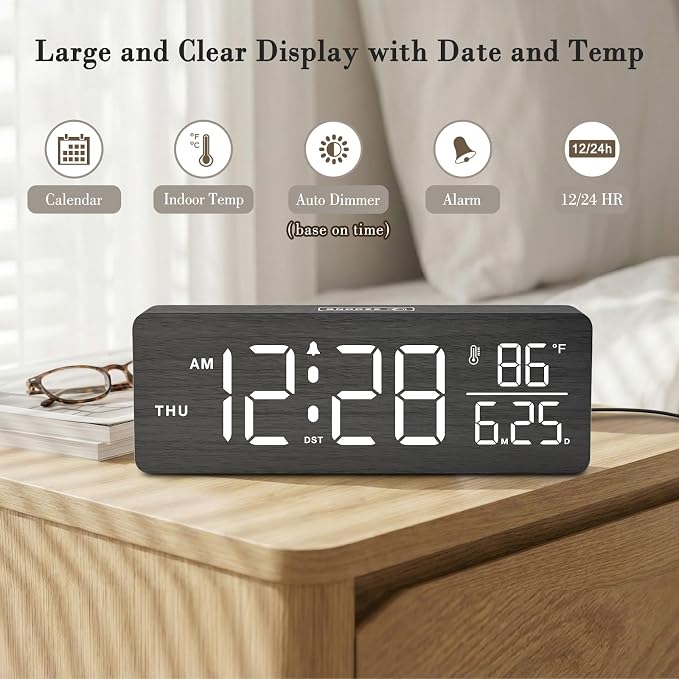 DreamSky Wooden Digital Alarm Clock with Date & Day of Week for Bedroom | Large Display Desk Clock for Living Room, Temperature, Dimmer, Adjustable Volume, Auto DST, Office Wood Décor (Plug-in)