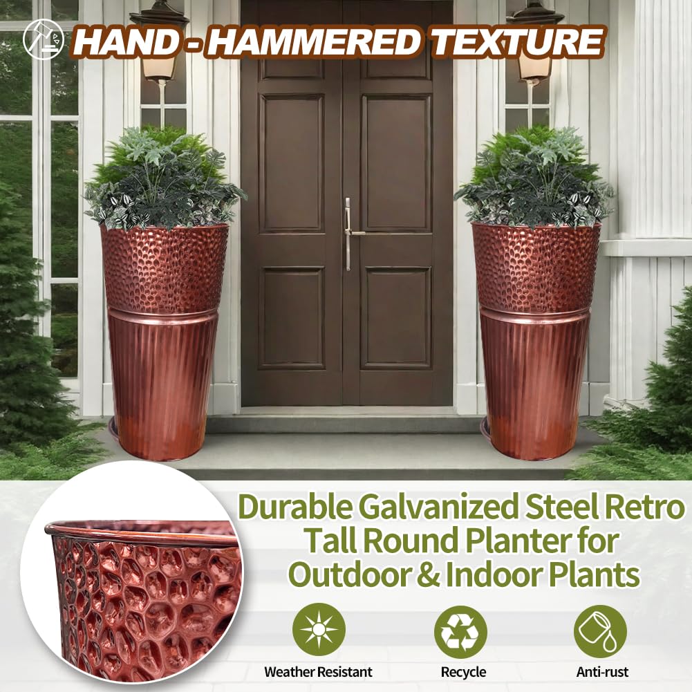 Megawodar 2 Pcs Pack Metal Tall Tapered Planter Pots Large Round Planter Flower Pot with Drainage Holes for Indoor Outdoor Deck Porch Garden Home Patio Front Door (Glossy Copper, Small)