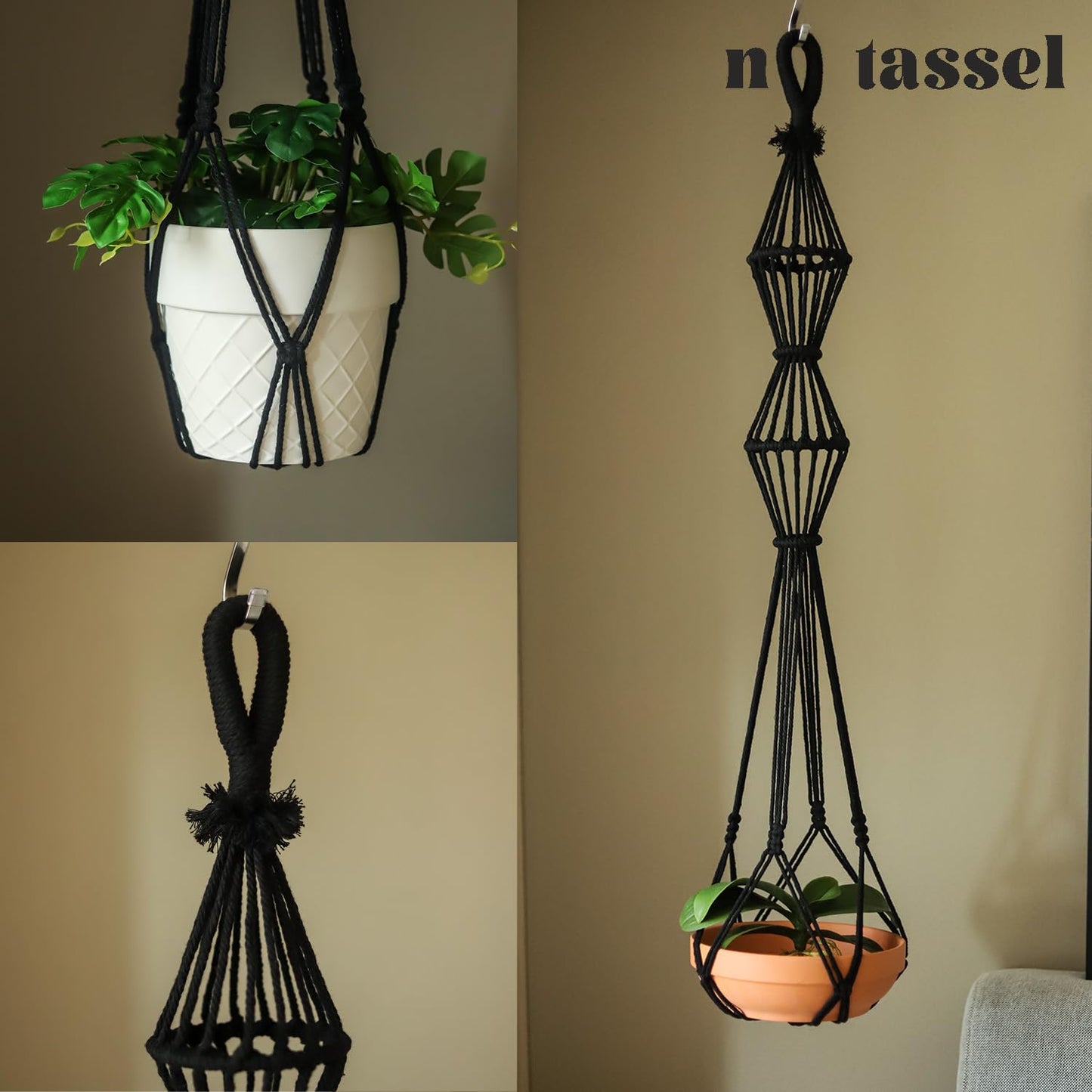 XINBOR Hourglass Floating Macrame Plant Hangers 2 Pack Handmade Cotton Rope Hanging Planters Basket with S Hooks, Diamond Openwork Boho Home Decor for Indoor Outdoor, Plants Holder 35" & 39” (Black)