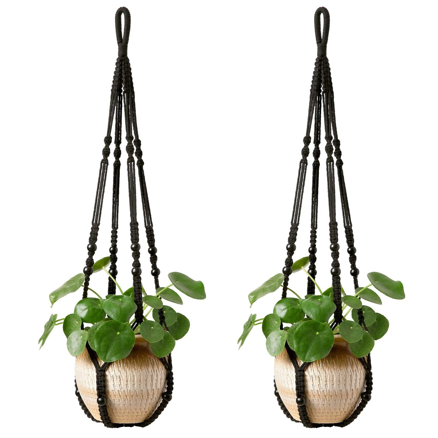Mkono Macrame Plant Hanger Indoor Hanging Planter Basket and Ceiling Hooks, Wood Beads Decorative Flower Pot Holder for Indoor Outdoor Boho Home Decor, Black，Set of 2
