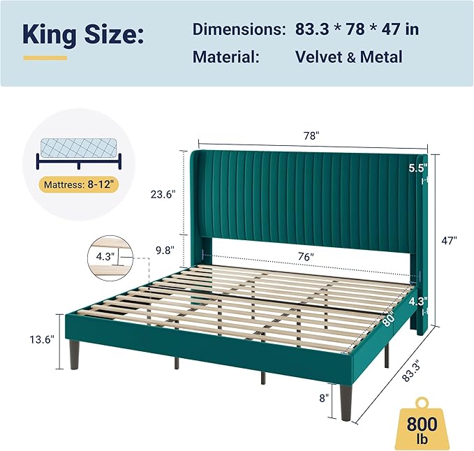 Allewie King Size Bed Frame/Velvet Upholstered Platform Bed/Vertical Channel