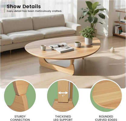 Modern Triangle Coffee Table: Unique Funky Soild Wood Coffee Tables for Living Room, Wooden Oval Mid-Century Modern Abstract Tea Tables for Patio Office Balcony (Natural, 50" Lx31 Wx16 H)
