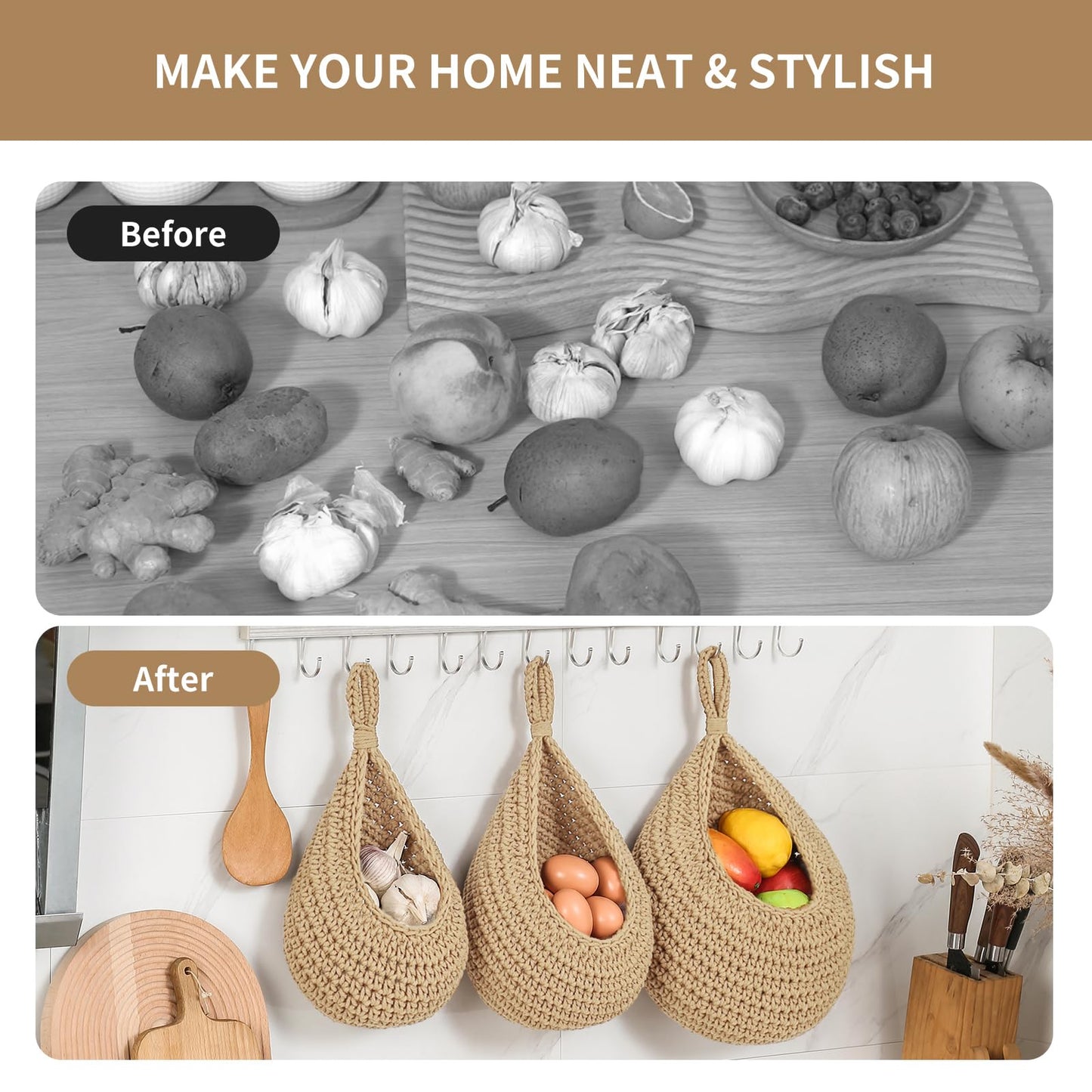 Boho Wall Hanging Fruit Baskets for Kitchen 3 Pack Woven Produce Holder with 6 Pcs Strong Hooks Vegetable Hanging Basket for Organizing Teardrop Home Wall Potato Onion Storage, Linen