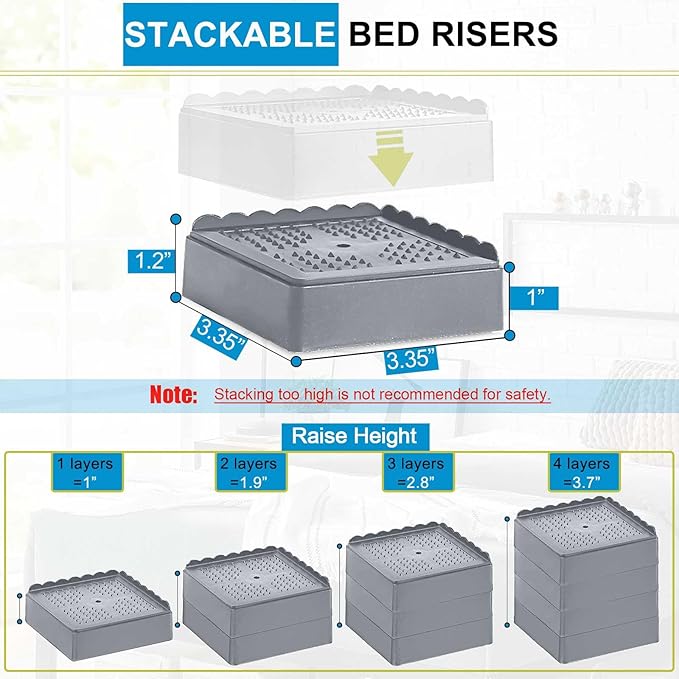 Bed Risers 1 inch, 2 inch, 3 inch, 4 inch Heavy Duty, Adjustable Furniture Riser