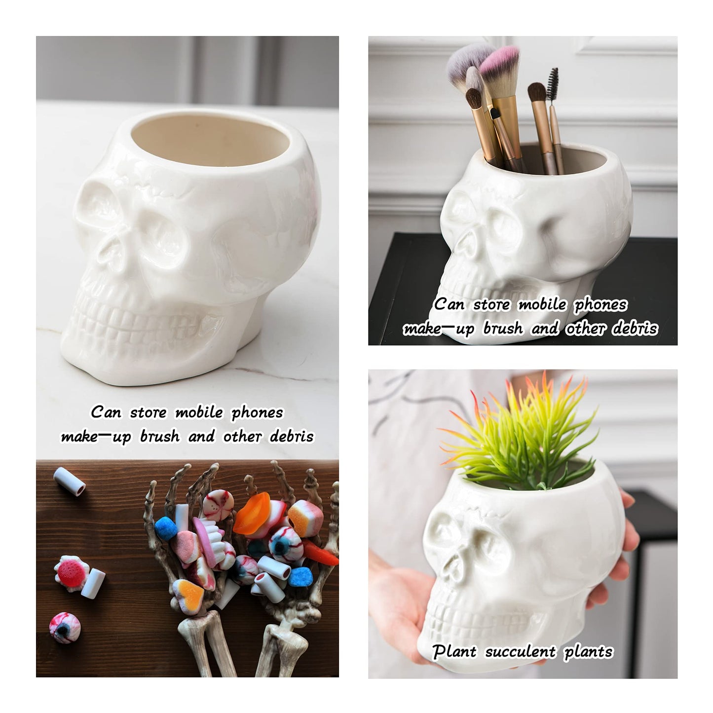 Tanvecle Skull Planter Pots, Skeleton Vase for Succulent, Flowers, Gothic Centerpiece for Table, Punk Home Decor and Accessories, Halloween and Day of The Dead Decorations - White