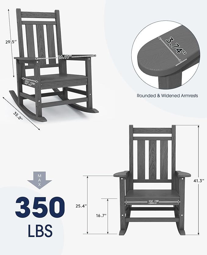 KINGYES Oversized Outdoor Rocking Chair Set of 2, All-Weather Patio Rocking