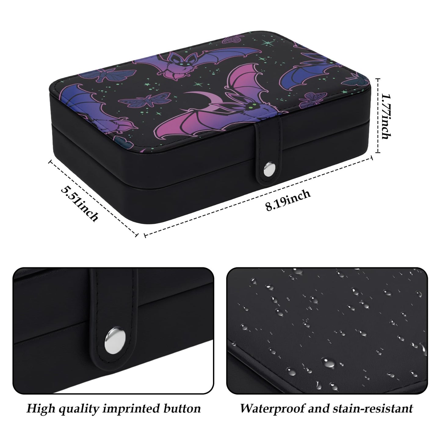 Buxainnsg Halloween Basket Stuffers Bat Black Leather Jewelry Travel Case Personalized Jewelry Box for Women Men Girls Boys Portable Jewellery Storage Travel Earring Organizer Ring Case Box Bracelet