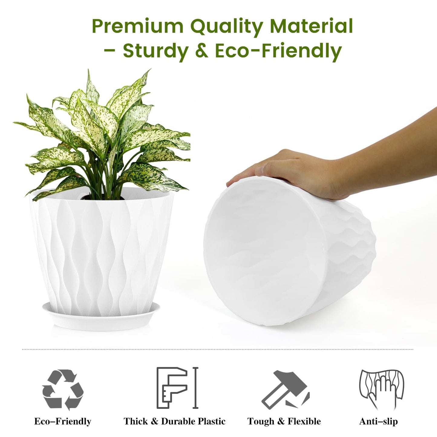 UOUZ 8 Inch Plant Pots, 4 Pack Plastic Planters for Indoor Outdoor with Drainage Holes & Saucers, Waffle Texture Flower Pots for Indoor Plants, Indoor Plant Pots for Monstera, Fiddle Leaf Fig, White