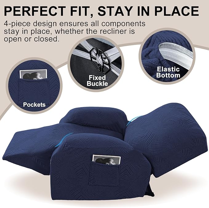 Oversized Recliner Chair Covers, 4-Piece Stretch Geometric Strokes Jacquard