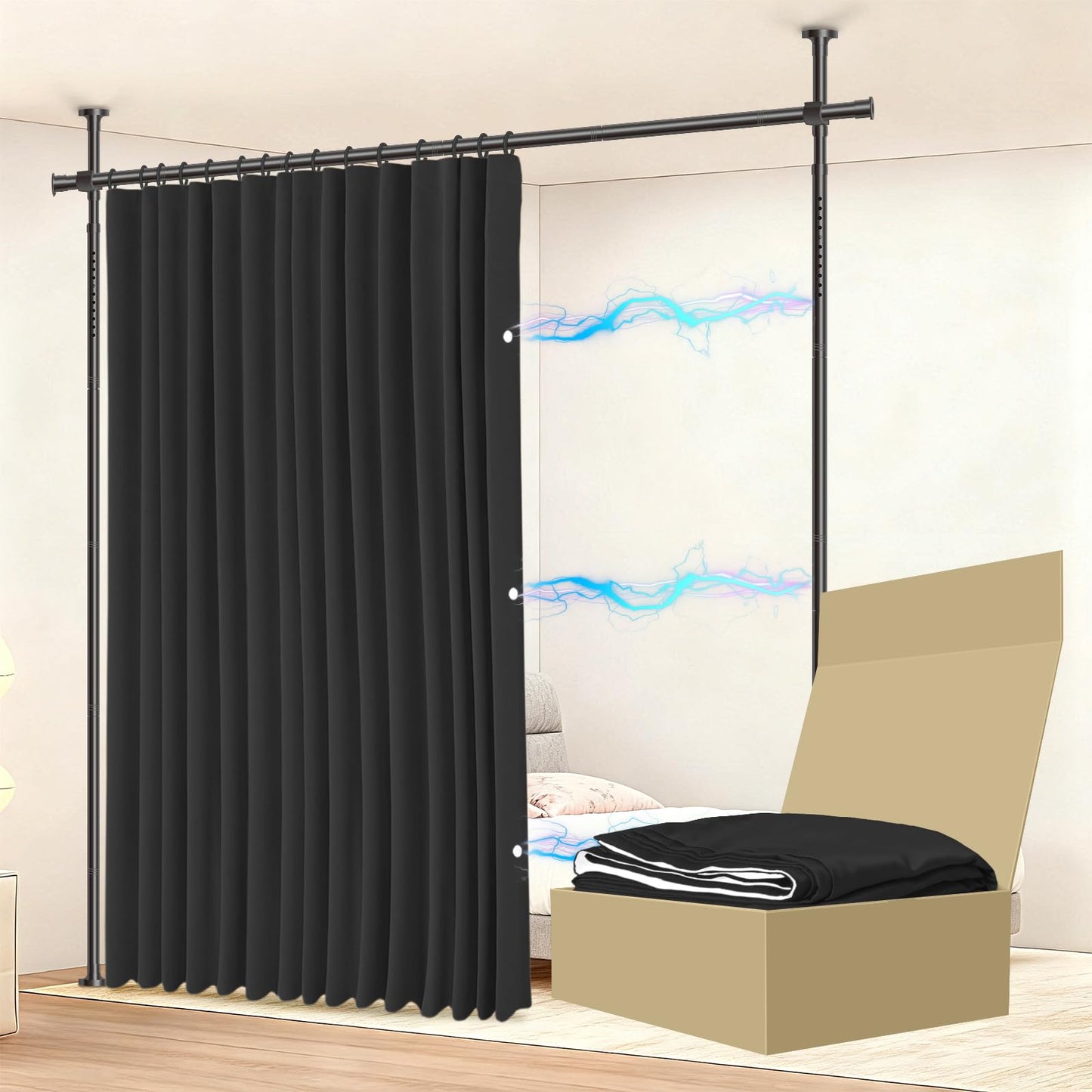 JILRON No-Drill Room Divider Curtain Set: Includes 106" W x 84" L Black Curtain & Adjustable Pole Brackets (35-100" W x 43-120" H Adjustable Range)