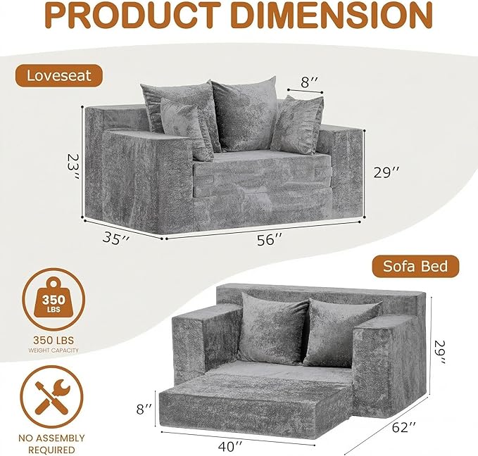 Loveseat Sofa Bed, Convertible Silky Velvet 5-in-1 Foldable Boneless Sleeper