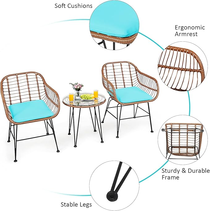 Tangkula 3 Pieces Patio Conversation Bistro Set, Outdoor Wicker Furniture