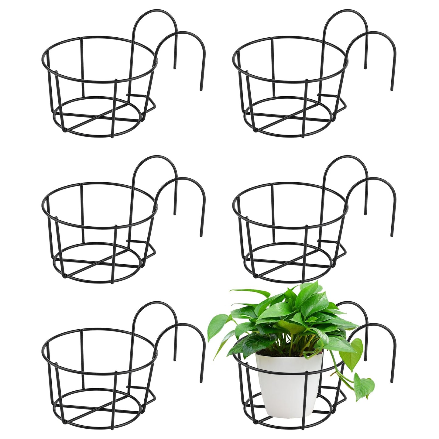 PineHaven 6 Pcs 6.1 Inch Iron Round Hanging Railing Planters,Hanging Flower Pot Holders,Metal Potted Stand Mounted Balcony Round Baskets Shelf Plant Holder with Hooks for Indoor Outdoor Plant(Black)